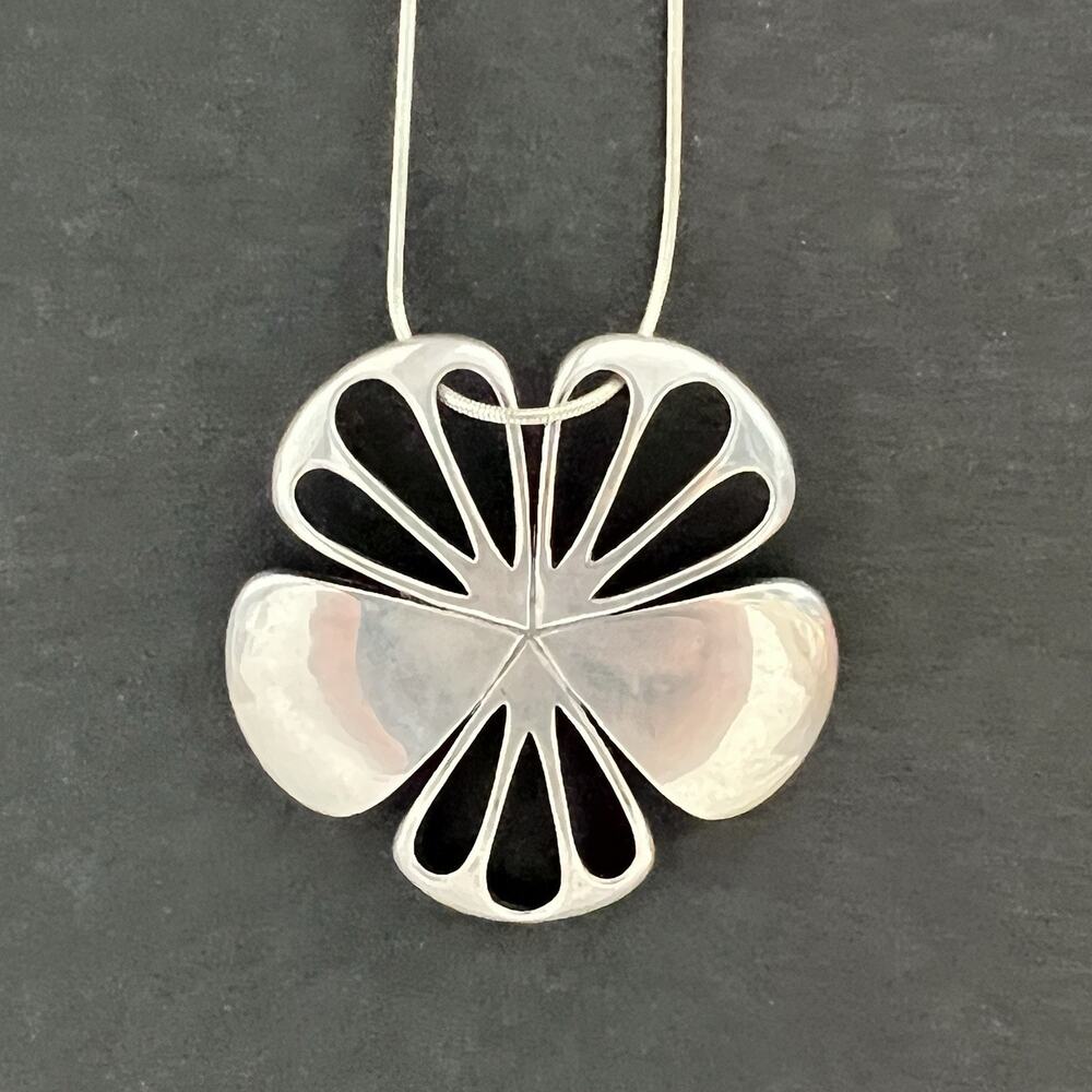 Sterling Silver 925 Stamped 1.5" Modern Pansy Floral Pendant 18" FAS Necklace